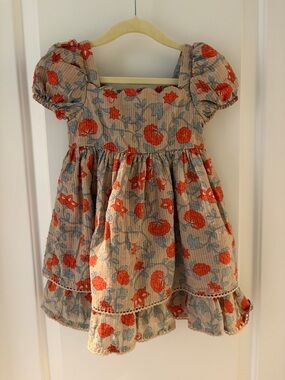 Girls' Beige Floral Puff-Sleeve Casual Dress - Orange & Blue Print